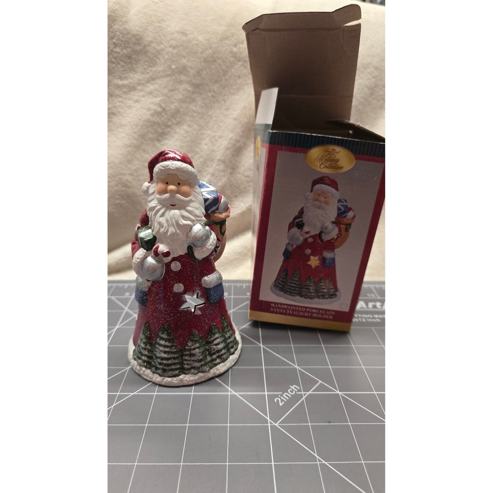 The Holiday Collection Handpainted Porcelain Santa Tealight Holder Figurine Box